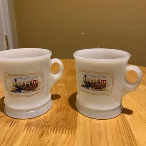 Two Vintage Steam Engine Milk Glass Mugs by Avon
